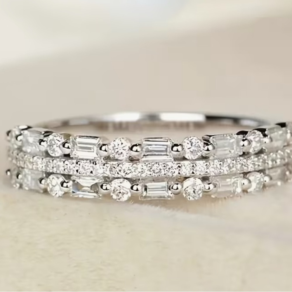 Dazzling Silver Plated Titanium Triple Stacked Band with Cubic Zirconias Ring - Picture 1 of 3